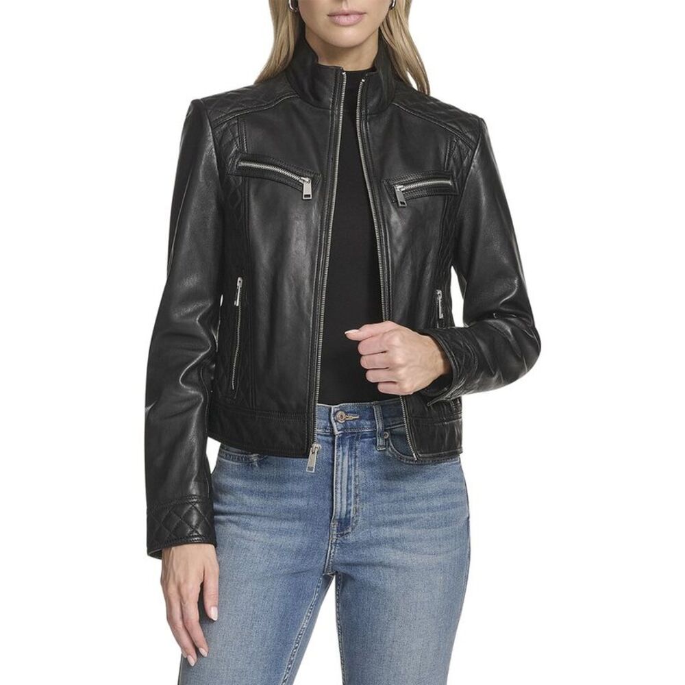 Andrew Marc Womens Mikel Leather Racer Jacket